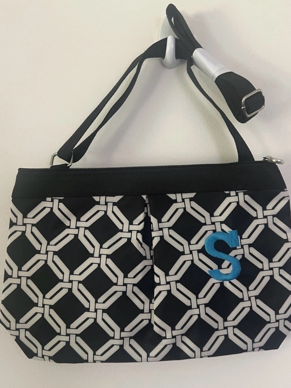Monogrammed Black and White Geometric Tote with Blue Initial from Initials Inc